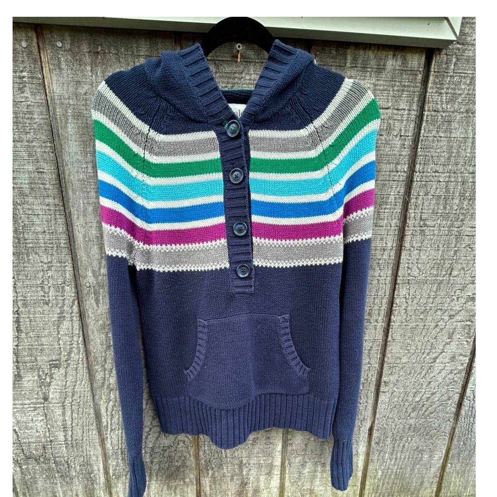 Striped Hooded Sweater Navy Rainbow Henley Pullover Coastal Grandma Preppy Y2K